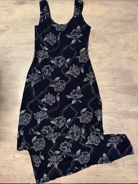 EUC Vintage 90s Nylon All That Jazz Black Floral Sleeveless Maxi Dress Size S